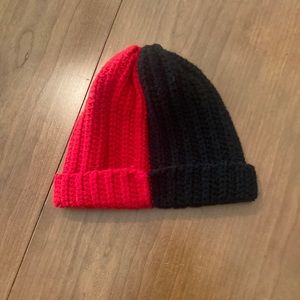 Red and black crochet beanie